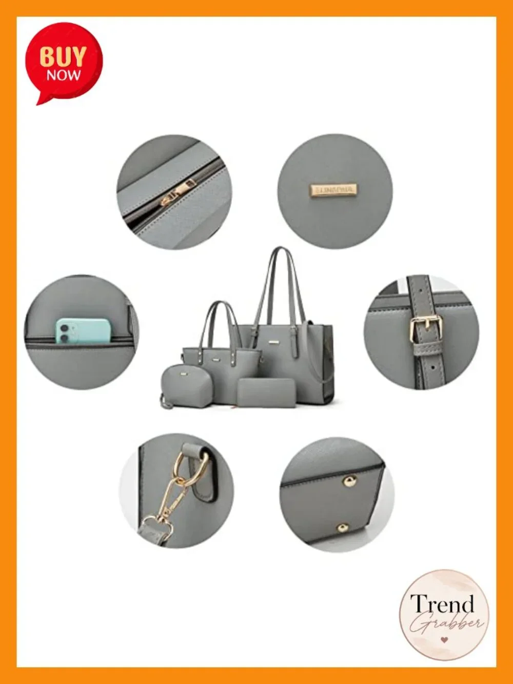Synthetic Leather Tote Bag Set with Crossbody & Cosmetic Bag